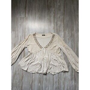 Miss Me Linen Blend Peasant Top Blouse Oatmeal V Neck Boho Long Puff Sleeve Sz L